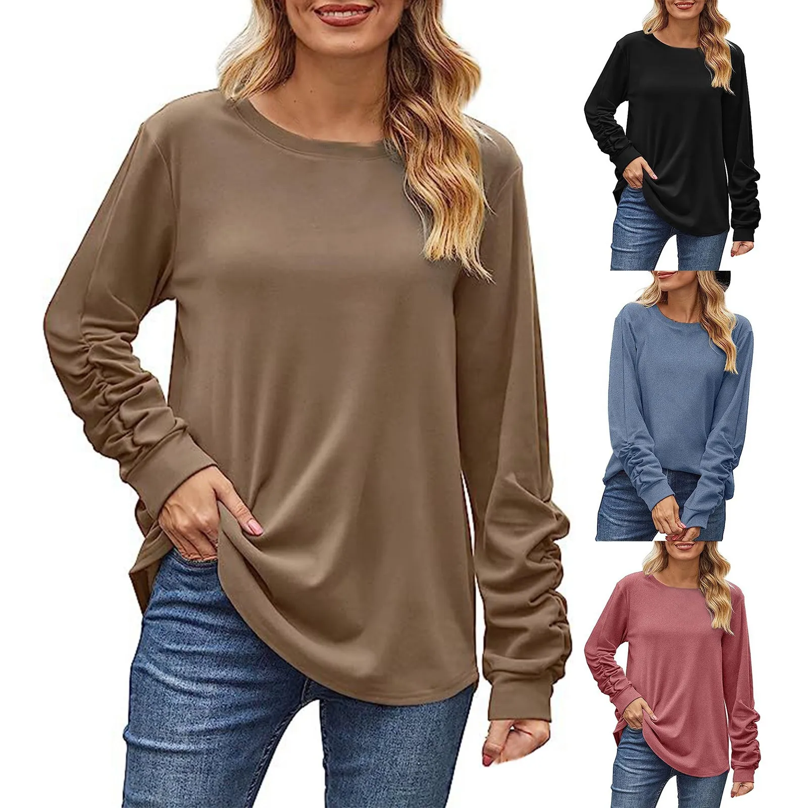 

Women Fashion Long Sleeve Layering Shirts Autumn Crewneck Loose Casual Pullovers Warm Undershirts Elegant Surplice Wrap Blouse
