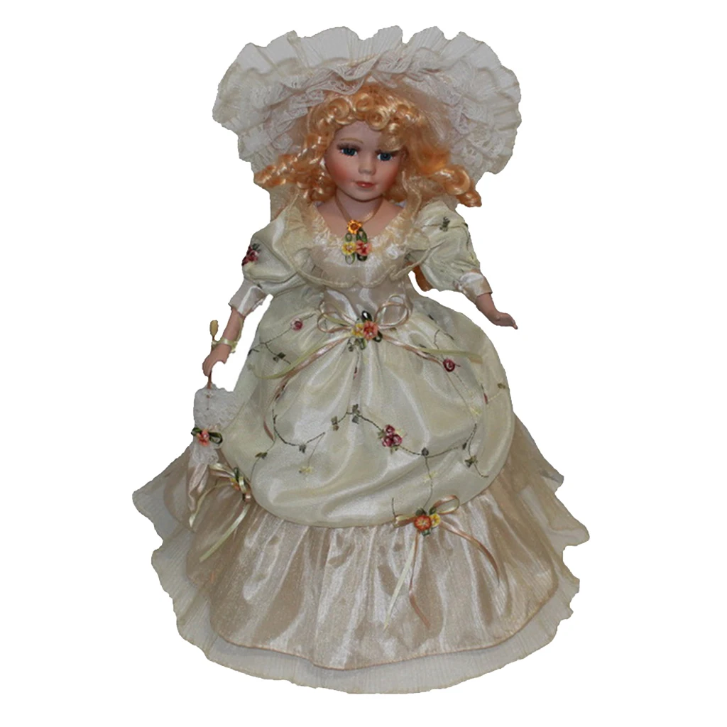 

Модное фарфоровое платье кремового цвета, 16 дюймов, красивая викторианская кукла, украшение для дома со стабильной подставкой, женские куклы, фигурки для детей и взрослых