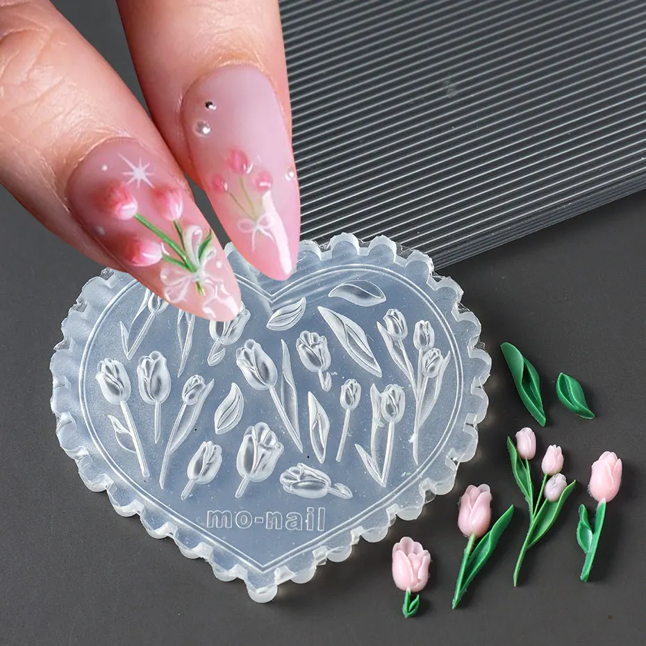 1PCS Spring Sakura Flower Nail Silicone Mold 3D Acrylic Carving Tulip Mushroom Soft Stamping Plate Leaves DIY Manicure Art Decor 2
