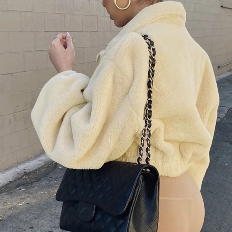 Fashion Faux Fur Cropped Jacket Winter Outwear  Women Soft Plush Long Sleeve Coat Drop Shipping Clothing Coat Fake Fur Black