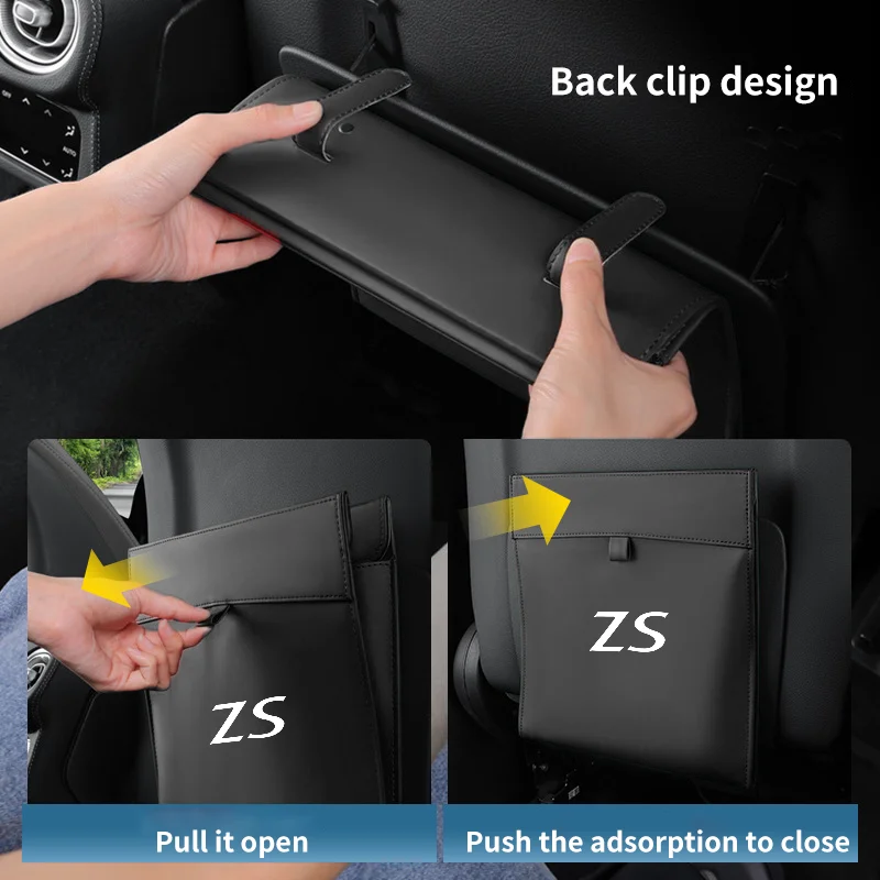 Car Trash Can For MG ZS Leather Magnetic Adsorption High-capacity Garbage Bag Auto Back Seat Hanging Storage Pocket Accessories