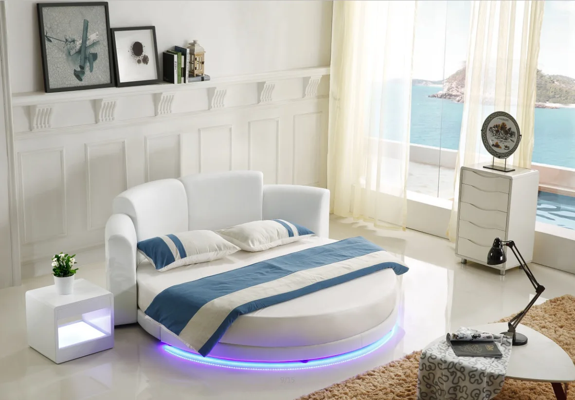 

Top Grained Genuine Cow Leather Bed Frame MODERN LUXURY ROUND BEDS Designer Double Camas Upholstered Lit with Led Lamp