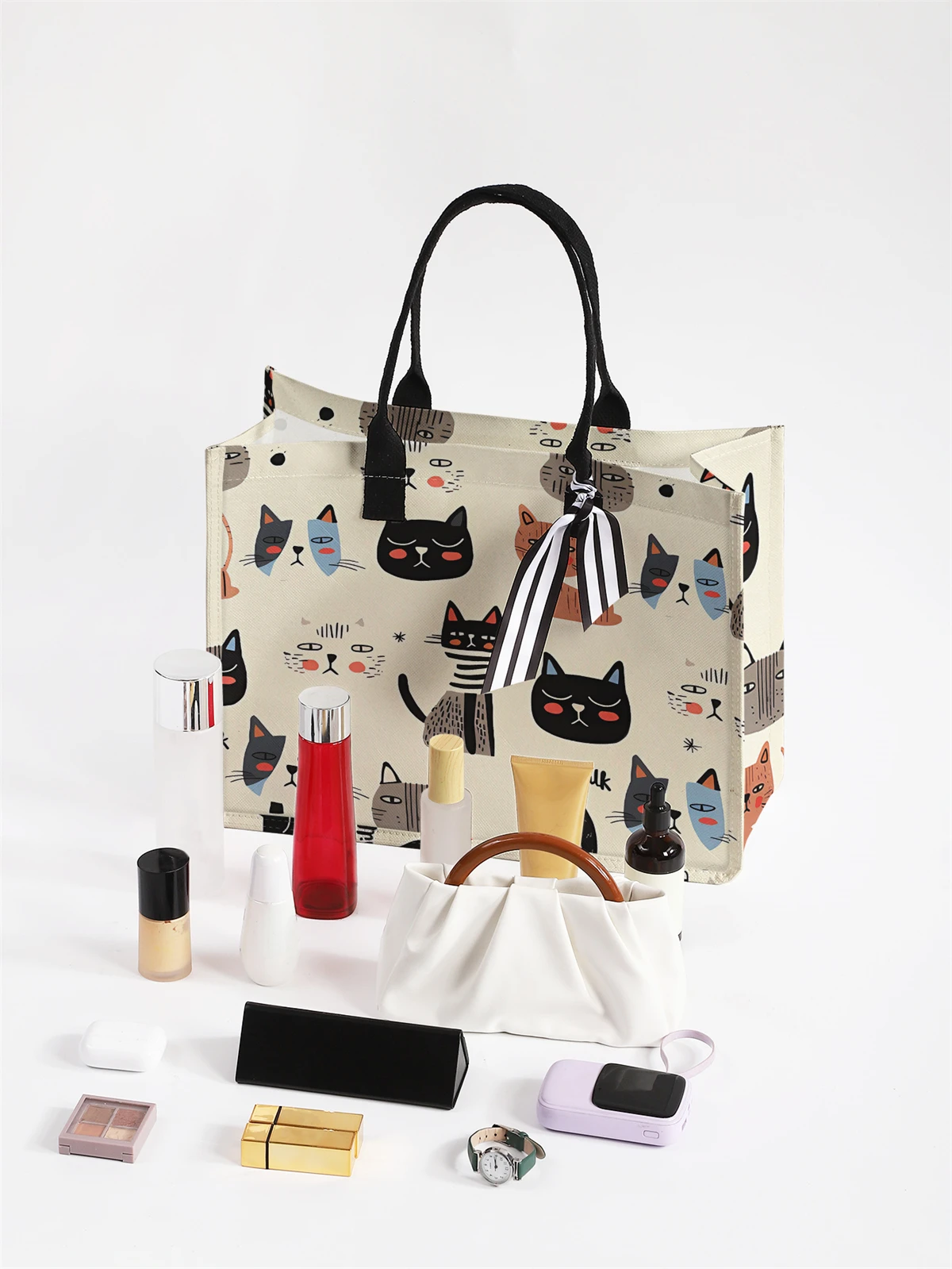 Cartoon cat pattern printed handbag, women's gift handbag, beach bag, suitable for large capacity handbags for men and women