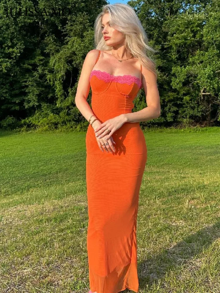 

JULISSA MO Lace Patchwork Sexy Women Slip Backless Long Dresses For Women 2023 Fall Chic Slim Evening Dress Party Club Vestido