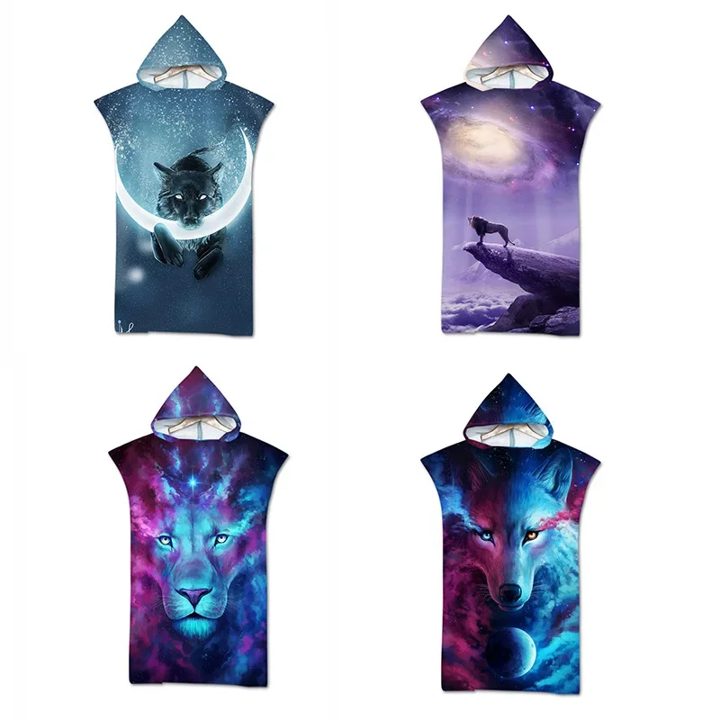 

3D Printed Art Moon Wolf Unicorn Galaxy Wearable Blue Beach Towels Sea Turtle Tiger Lion Animal Swimming Bath Towel Quick-drying