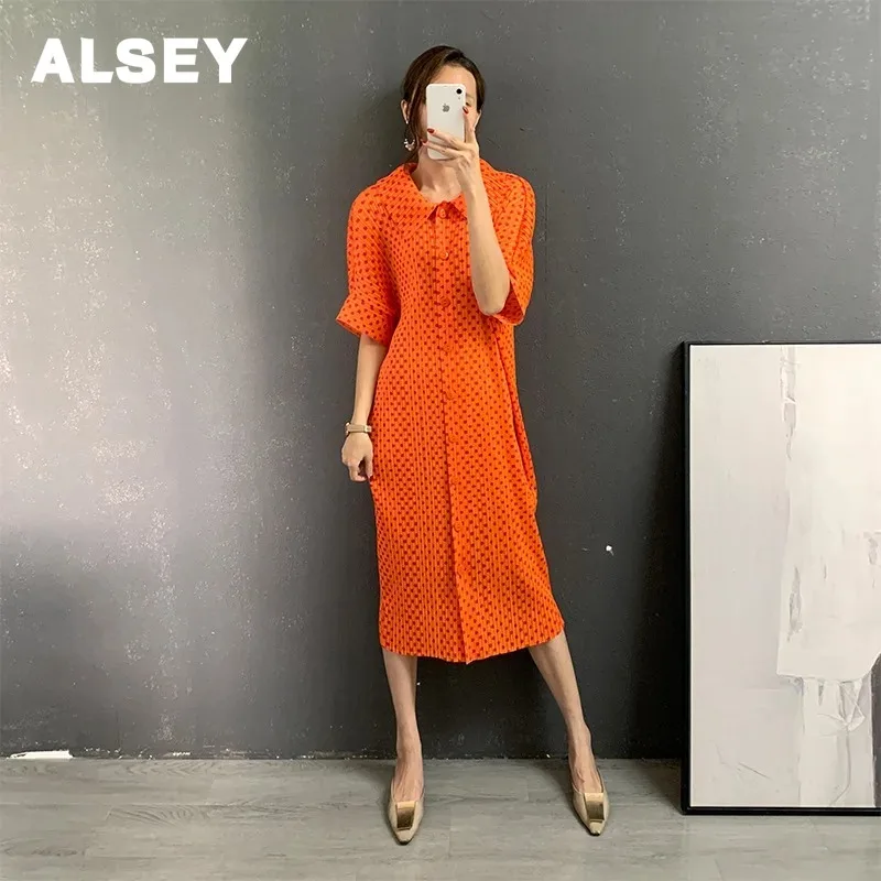 

Плиссированное милое платье ALSEY Miyake, новинка весны 2024, женские платья с отложным воротником и коротким рукавом, женская модная одежда