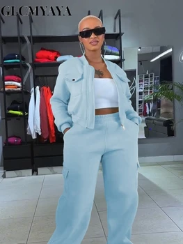 GLCMYAYA Active Women's Set Thick Warm Long Sleeve jacket +Straight Pants 2025 Fall Street Two 2 Piece Sets Outfits Sportwear 1