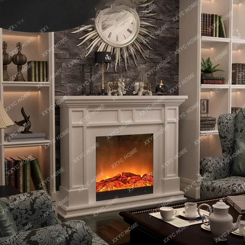 

European Style Fireplace Decorative Cabinet White Electric Heating Mantel Solid Wood American Fireplace 1.2/1.5 M