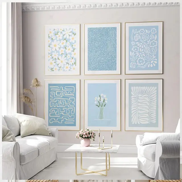 Nordic Minimalist Aesthetics Wall Art Blue Abstract Flower Line Art On Canvas Posters and Prints for Living Room Home Decor Gift