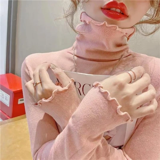 

New Pink High neck Knitted Women Sweater Lady Skinny Blouse Woman Cardigan Camisole Jumpers T-shirt T Girl Fall Cloth Slim Tops
