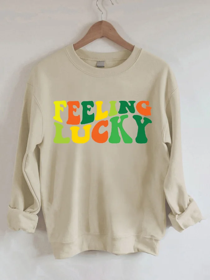 Feeling Lucky Letter Print Hoodies Casual Crew Neck Sweatshirt  Long Sleeve Large Street Style Fashion Women's Street Clothing
