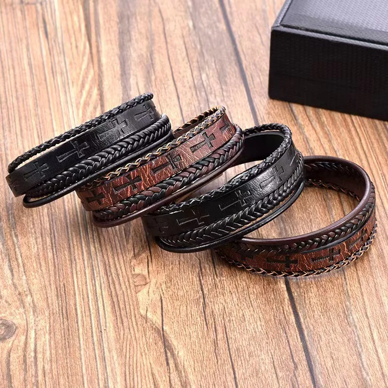 Vintage Cowhide Embossed Cross Magnetic Buckle Bracelets Hand Woven Leather Wrist Strap Couple Religious Prayer Jewelry Gift