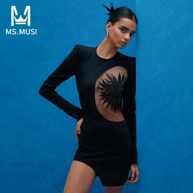 

Новинка 2023, модное женское сексуальное платье MSMUSI с бисером и блестками, кружевное Сетчатое платье с длинным рукавом и вырезами, Бандажное облегающее мини-платье для клуба