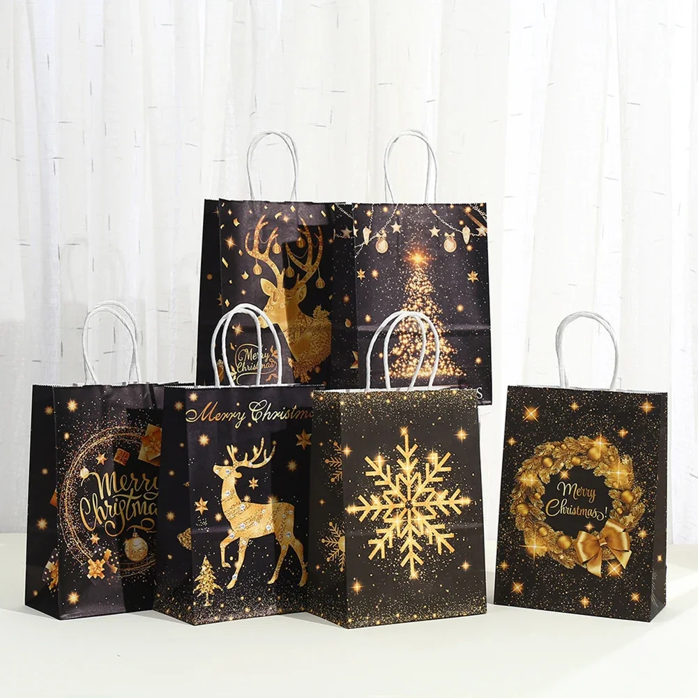 12PCS Christmas Candy Bags With Handle Christmas Kraft Paper Bags New Year Tree Elk Snowflakes Gifts Box Xmas Bag christmas gift bags christmas candy packaging