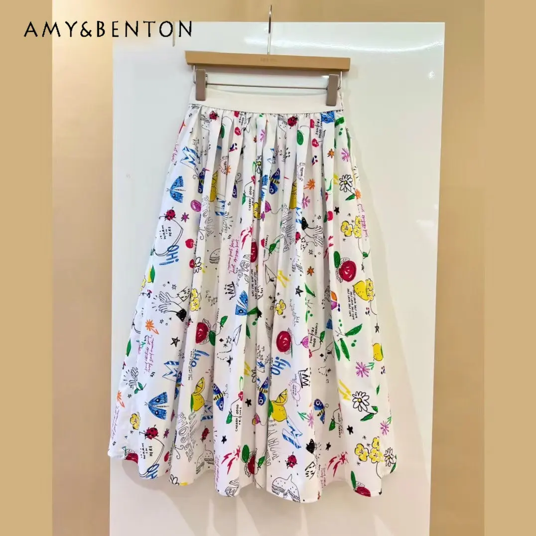 

Spring and Summer 2023 New All-matching Mid-length Skirt Funny Letter Flower Print Contrast Color Big Hem A- Line Skirt