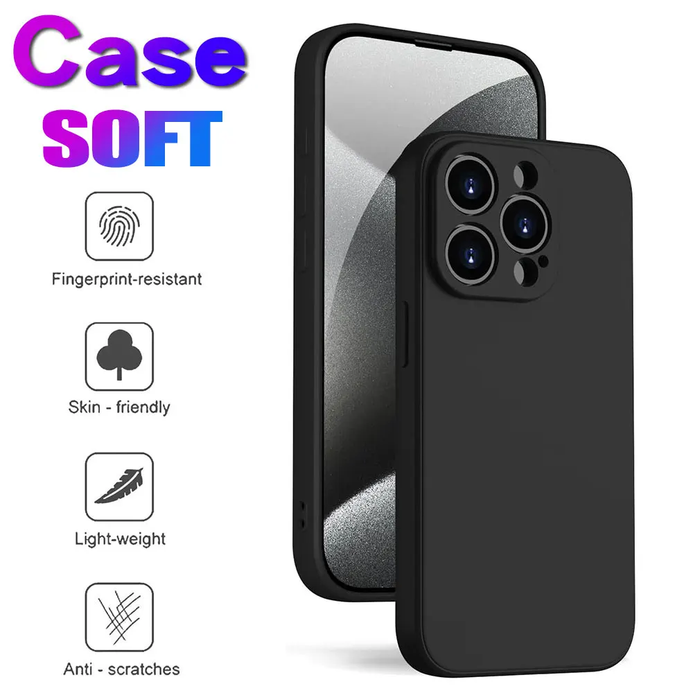 Premium Square Liquid Silicone Shockproof Phone Case - Black Soft Back Cover