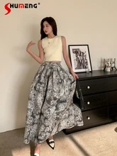  High Quality Black White Embossed Printed Retro High Waist Long Skirt Women Summer 2022 New Design Sense A- Line Umbrella Skirt 