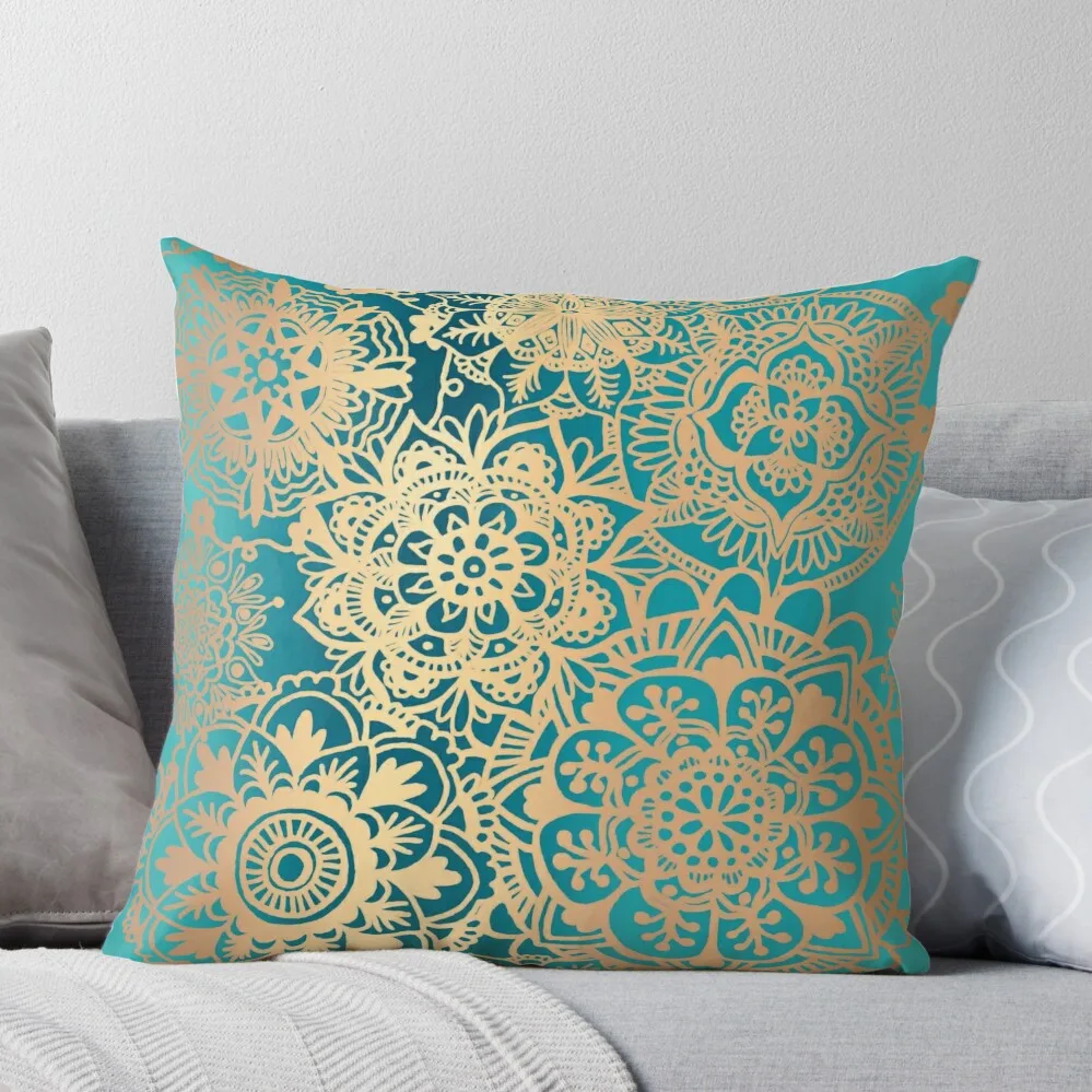 

Teal Green and Gold Mandala Pattern Throw Pillow Sofa Decorative Covers ornamental pillows for living room