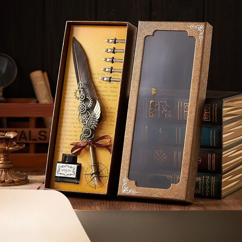 1 SET European Retro Feather Pen Dipped in Water, High Aesthetic Mechanical Punk Style Fire Paint Seal