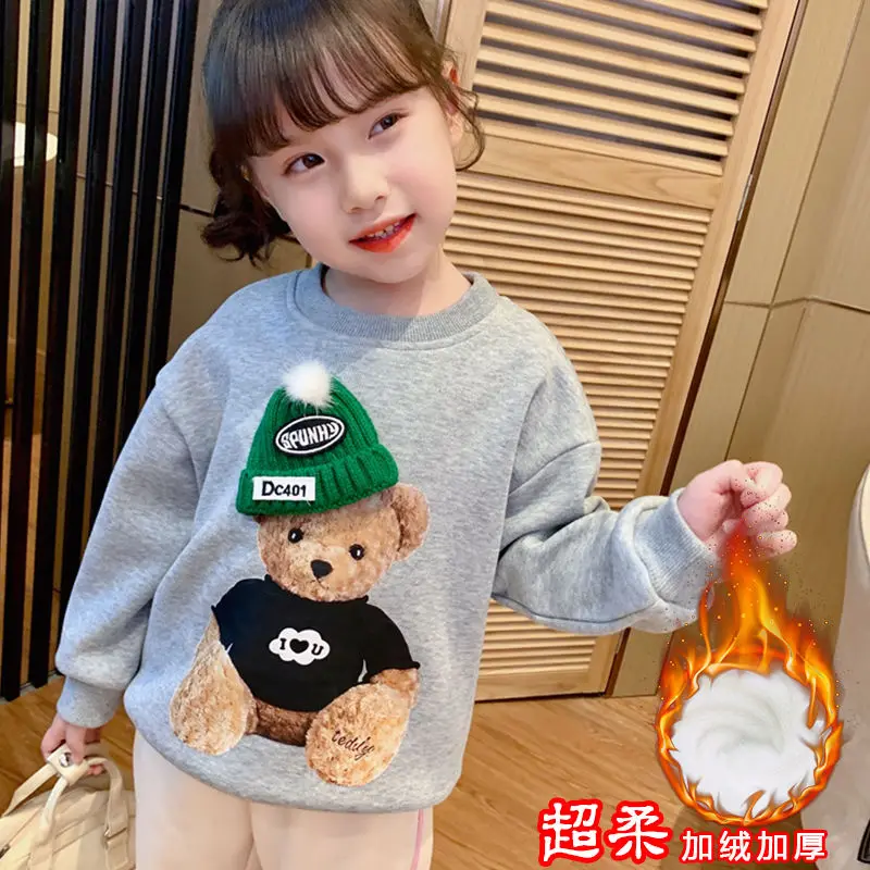 

Girls' Fleece-Lined Sweater New Children's Korean Cartoon Winter Clothes Single-Layer Fleece-Lined Padded Top Girl Undershirt