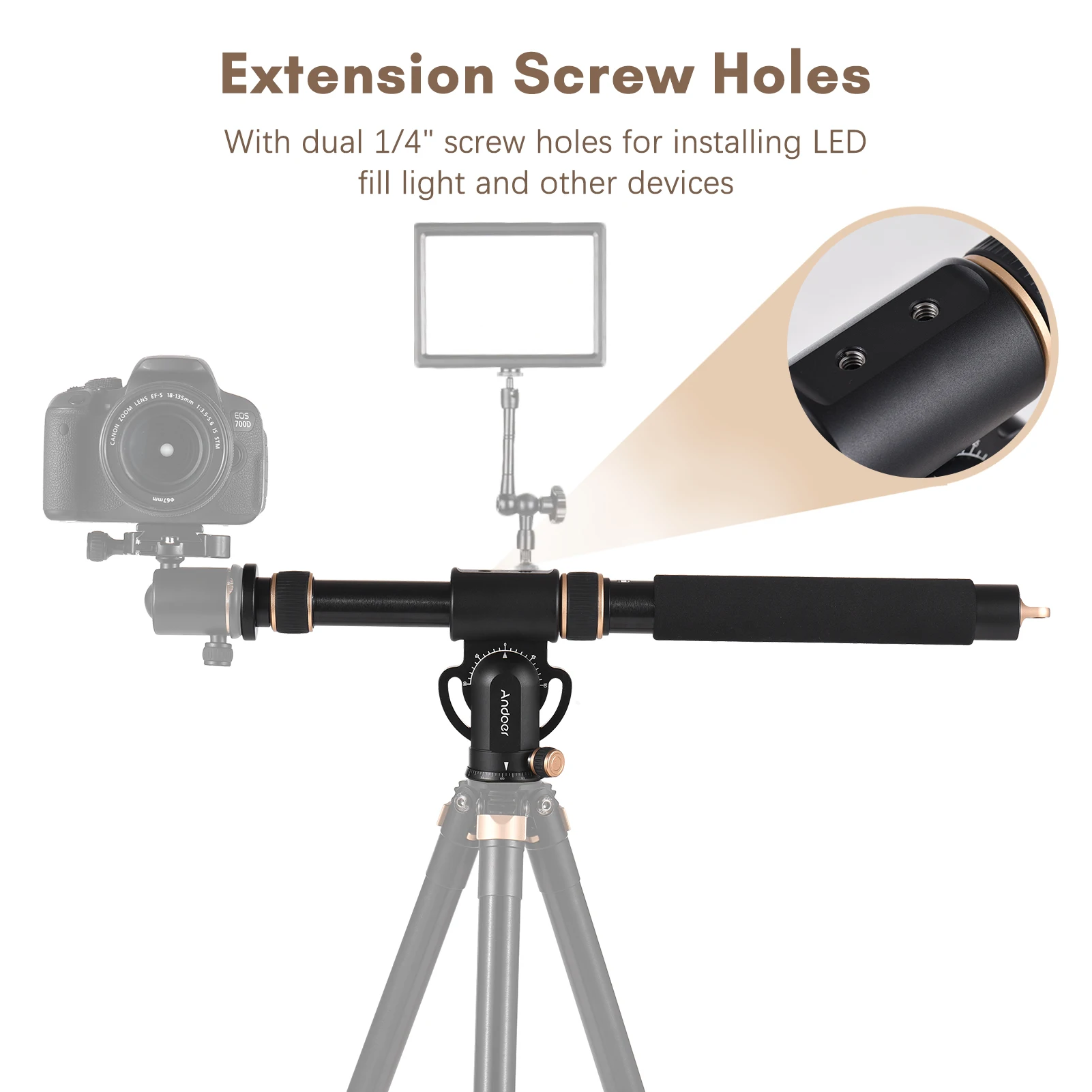 Andoer Universal Tripod Extension Arm Aluminum Alloy Detachable Extender Horizontal 360&deg; Rotatable Base 5kg Load Capacity