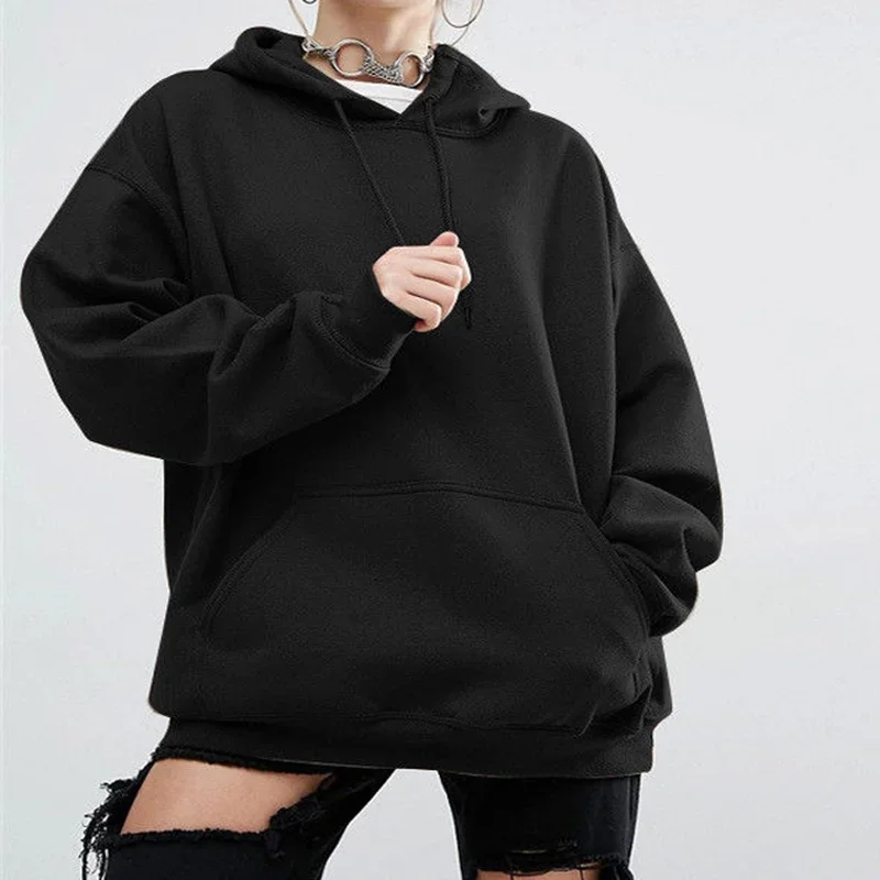 Women Cotton Long Sleeve Pullover Hooded Pocket Solid Sweatshirt Fashion Casual Spring Fall Winter Hoodies Classic Tops Simple
