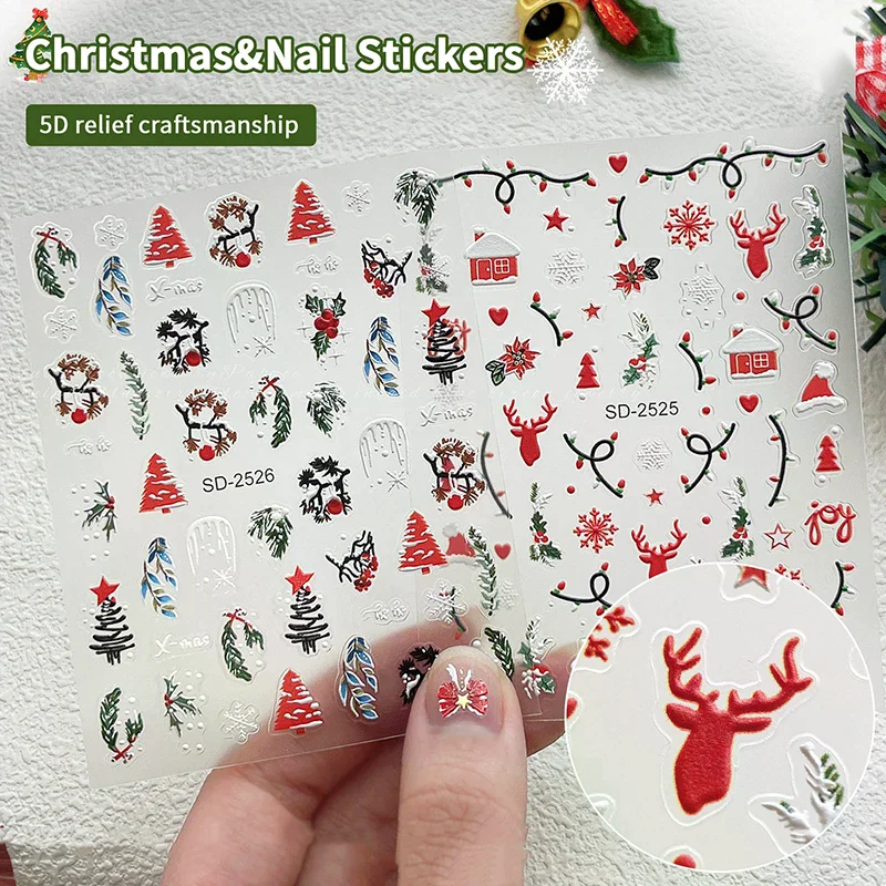 1 Sheet Relief Christmas Nail Art Sticker Christmas Tree Elk Snowflakes Nail Art Stickers Xmas Manicure Decals