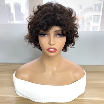 Bouncy Curly Short Pixie Bob Cut Human Hair Wigs With Bang Ombre Color Non Lace Full Machine Made Wig For Women Remy Hair