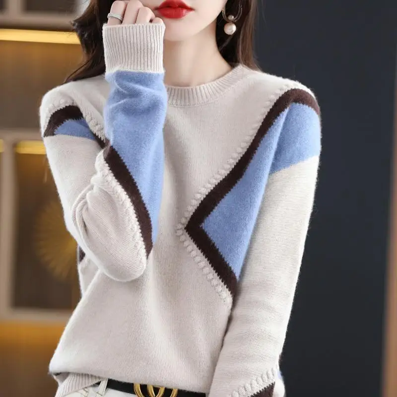 

Lazy Style Vintage Panelled Fashion Knitted Sweaters Pullovers Autumn Winter Loose Long Sleeve O-Neck Women Casual Sweater 2023