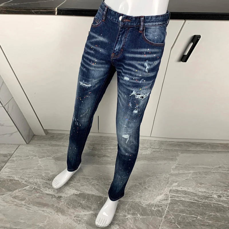 High Street Fashion Men Jeans Retro Blue Stretch Elastic Slim Fit Ripped Jeans Men Painted Designer Hip Hop Brand Pants Hombre