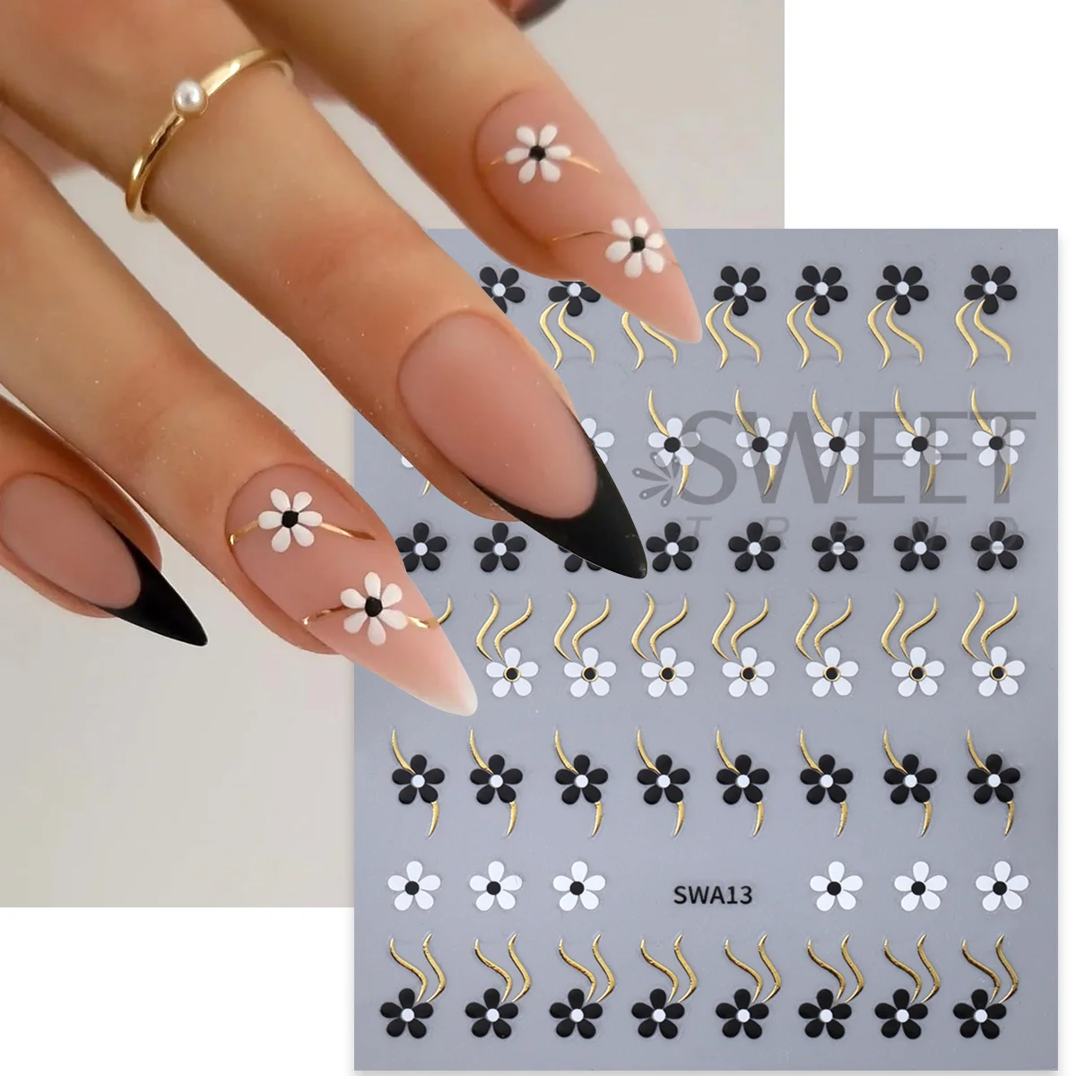 3개입 블랙 화이트 작은 꽃 네일 글리터 스티커 골드 실버 스월 라인 플로럴 디자인 접착 데칼 우아한 매니큐어 슬라이더