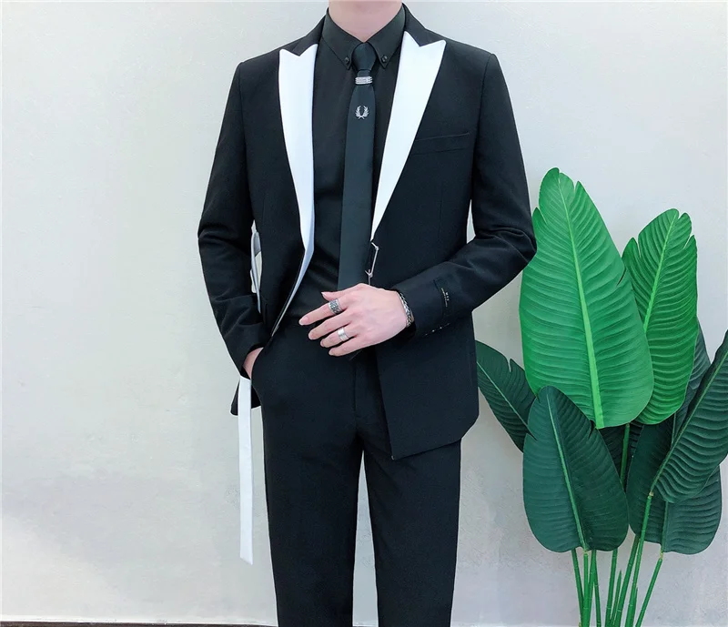 Masculino Ternos 2022 Spring Long Sleeve Belt Decoration Man Suit Korean Groom Men Suit Slim Fit Weave Bring Full Dress Suit Man blazer for men wedding