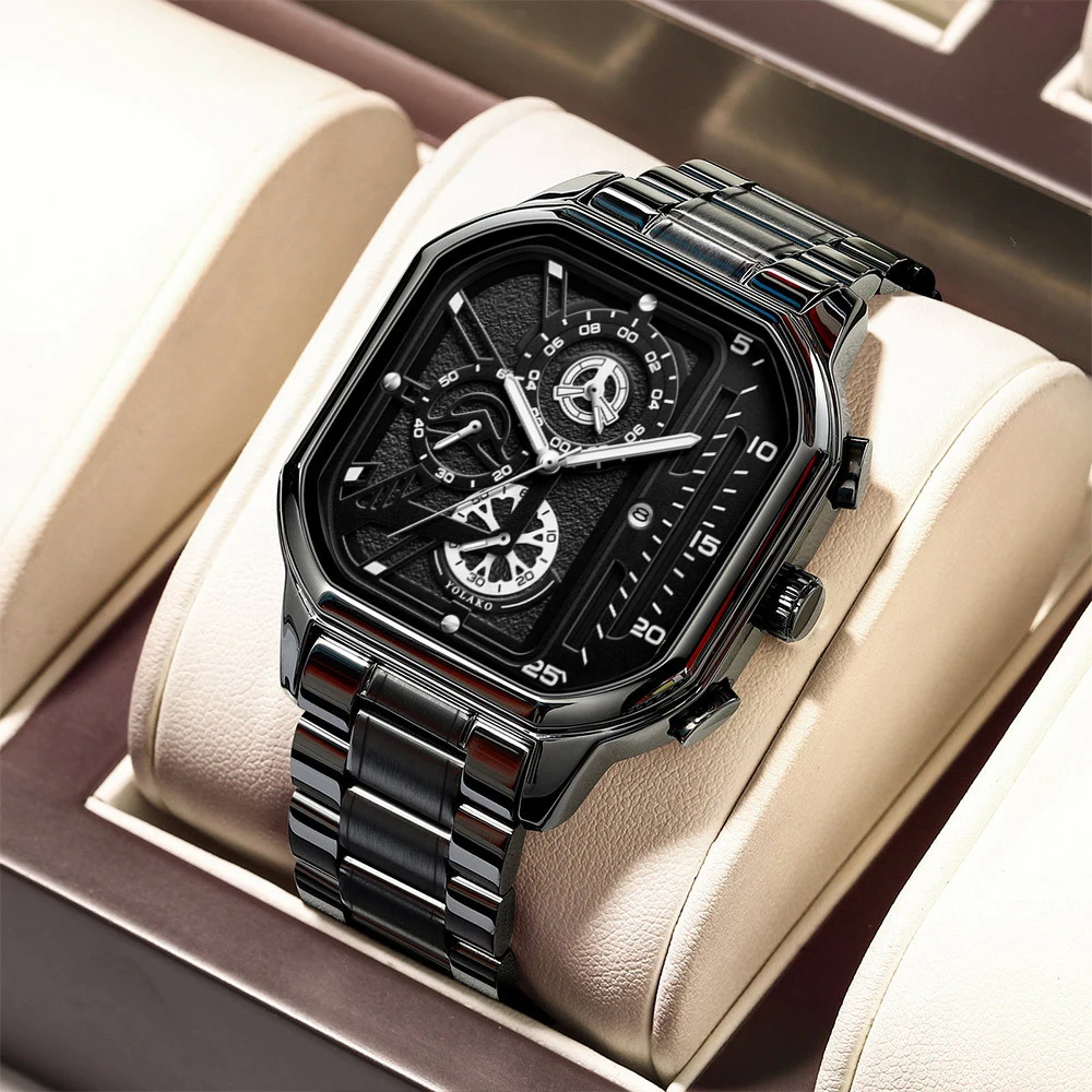 Fashion Casual Business Men Quartz Watch High-end Auto Date Big Square Dial Stainless Steel Band Watches For Man Gifts 2