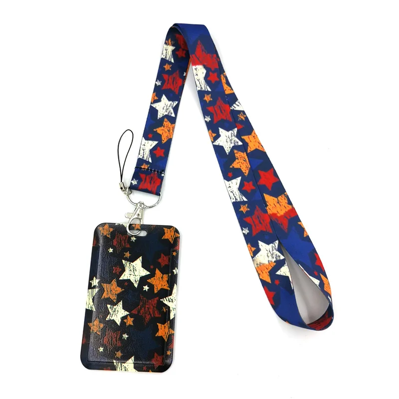 Vintage Colorful Stars Lanyard Credit Card ID Holder Bag Student Women Travel Card Cover Badge Car Keychain Decorations Gifts