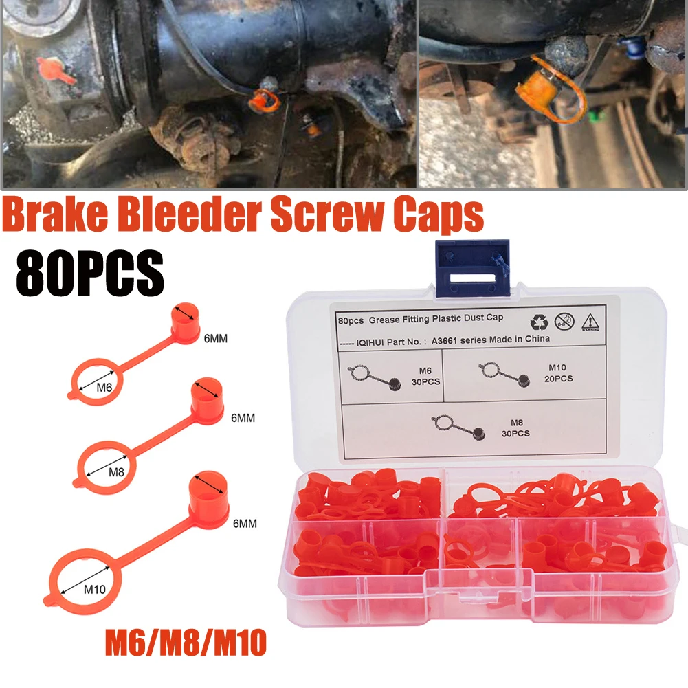 80pc M6/M8/M10 Brake Bleeder Screw Cap Grease Fitting Cap Rubber Dust