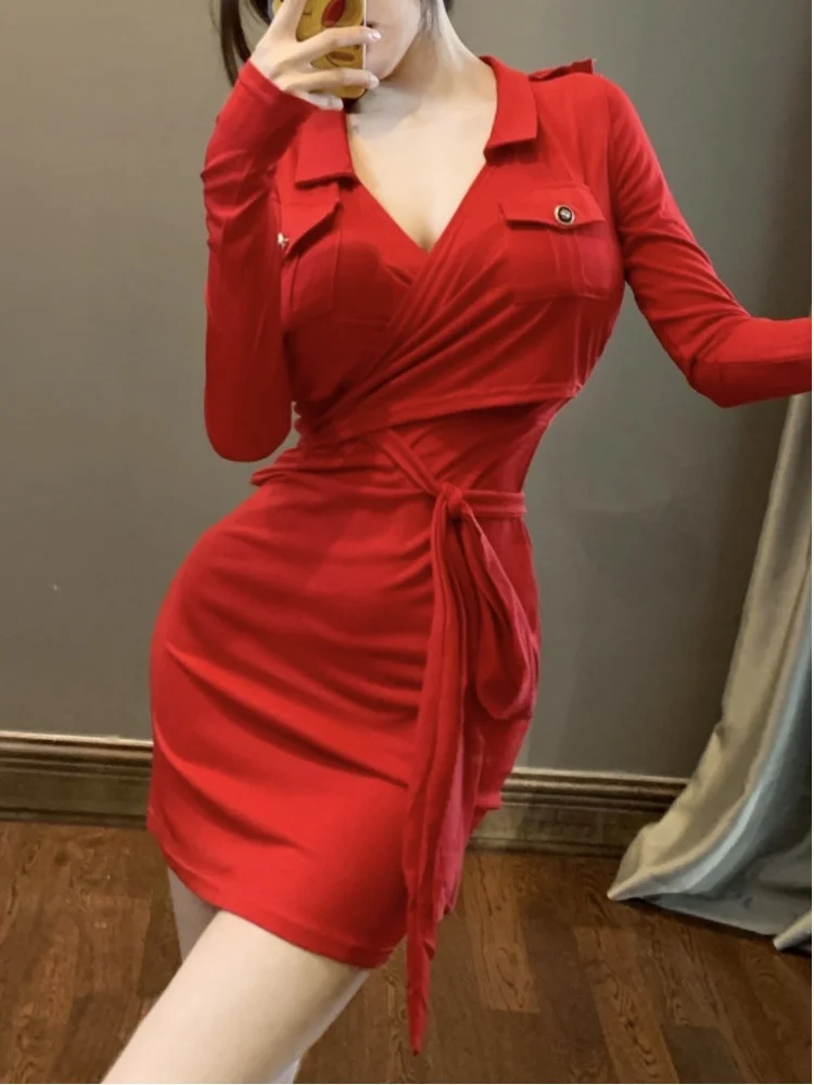 

High Waist Belt Mini Dress New Fashion Red Christmas Sexy Long Sleeve Hip Wrap Dresses V Neck Elegant Korean Women C400