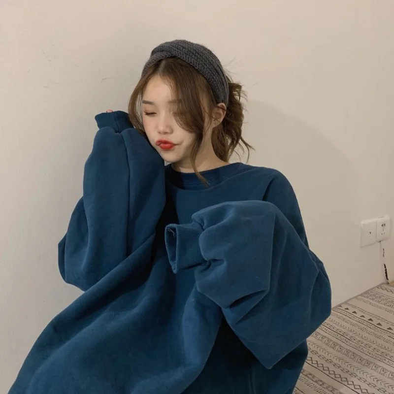 

Women's Clothing Pullover Round Neck Solid Color New Korean Version Baggy Plush Thick Pullover Top Without Cap Lazy 2023 Autumn