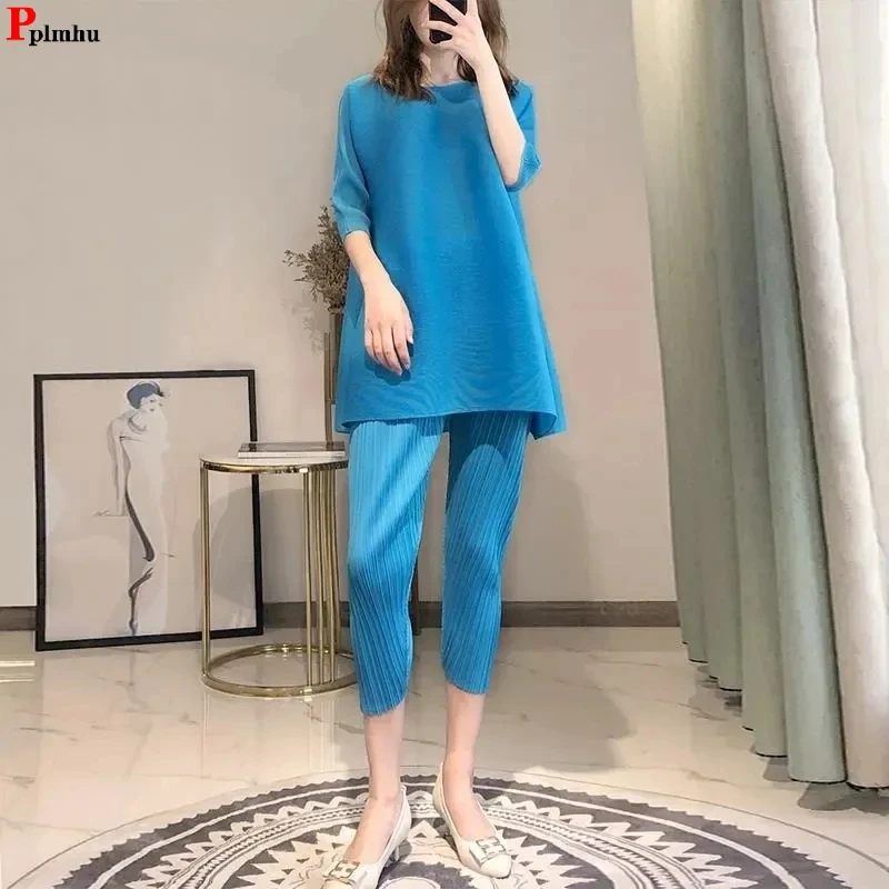 Women Summer 2 Piece Set Fashion Half Sleeve Tracksuit Oversized Loose Pullover Tops + Ankle Length Pencil Pants Casual Outfits runway vintage blue and white porcelain print ankle length dress women s lapel lantern sleeve elegant sashes maxi vestidos n9860