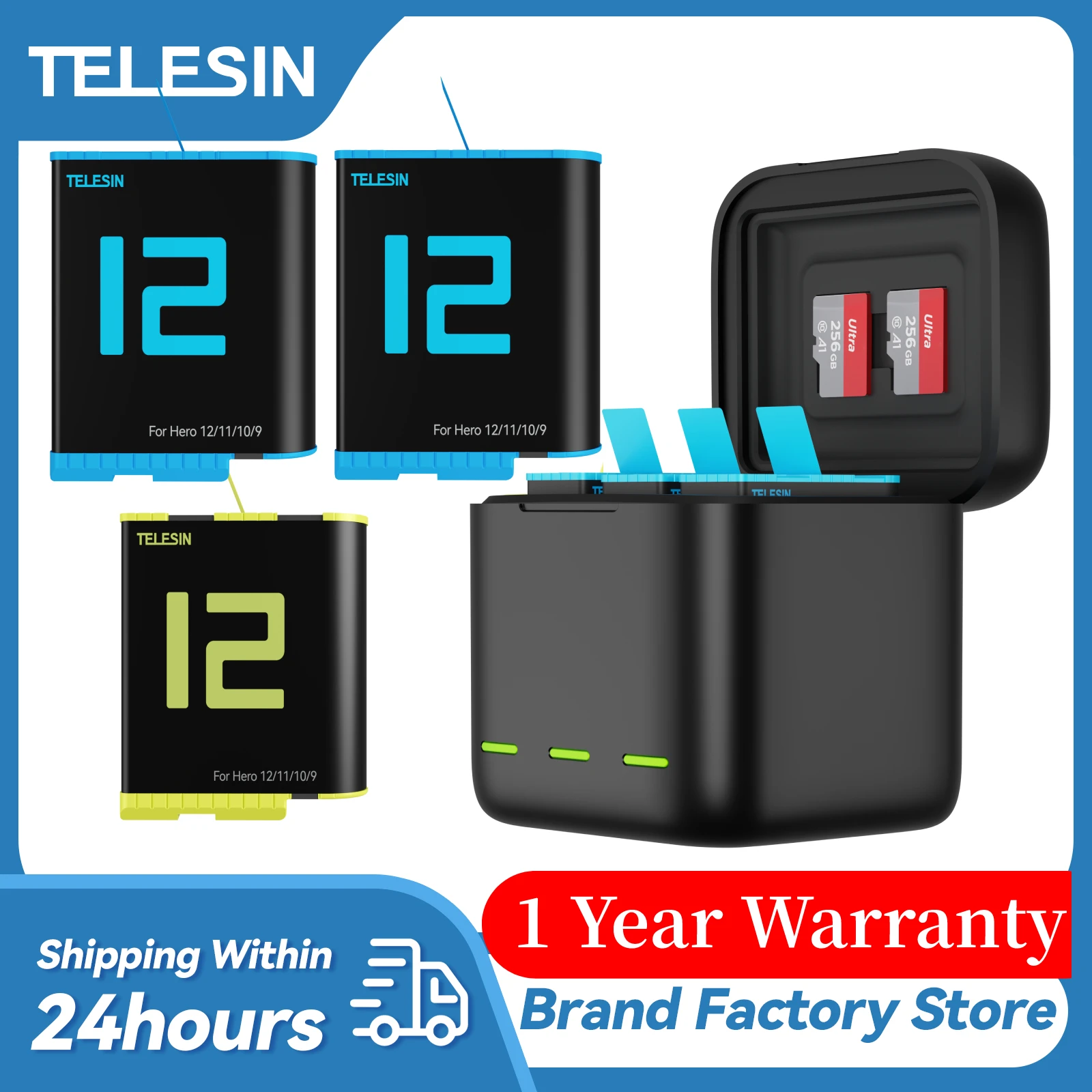 TELESIN-Lot de 3 Batteries 1750mAh, Chargeur GoPro 12 11 Slots