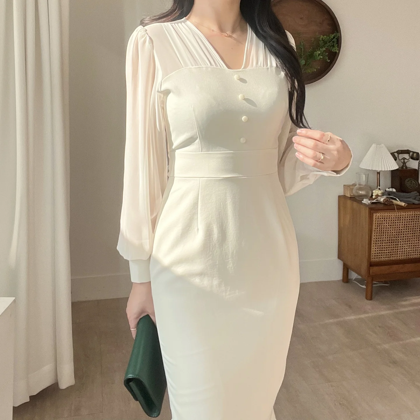 Korean Fashion Bodycon Midi Dresses for Women Mesh Patchwork Long Sleeve Fishtail Office Lady Mermaid Party Dress Slim Mermaid
