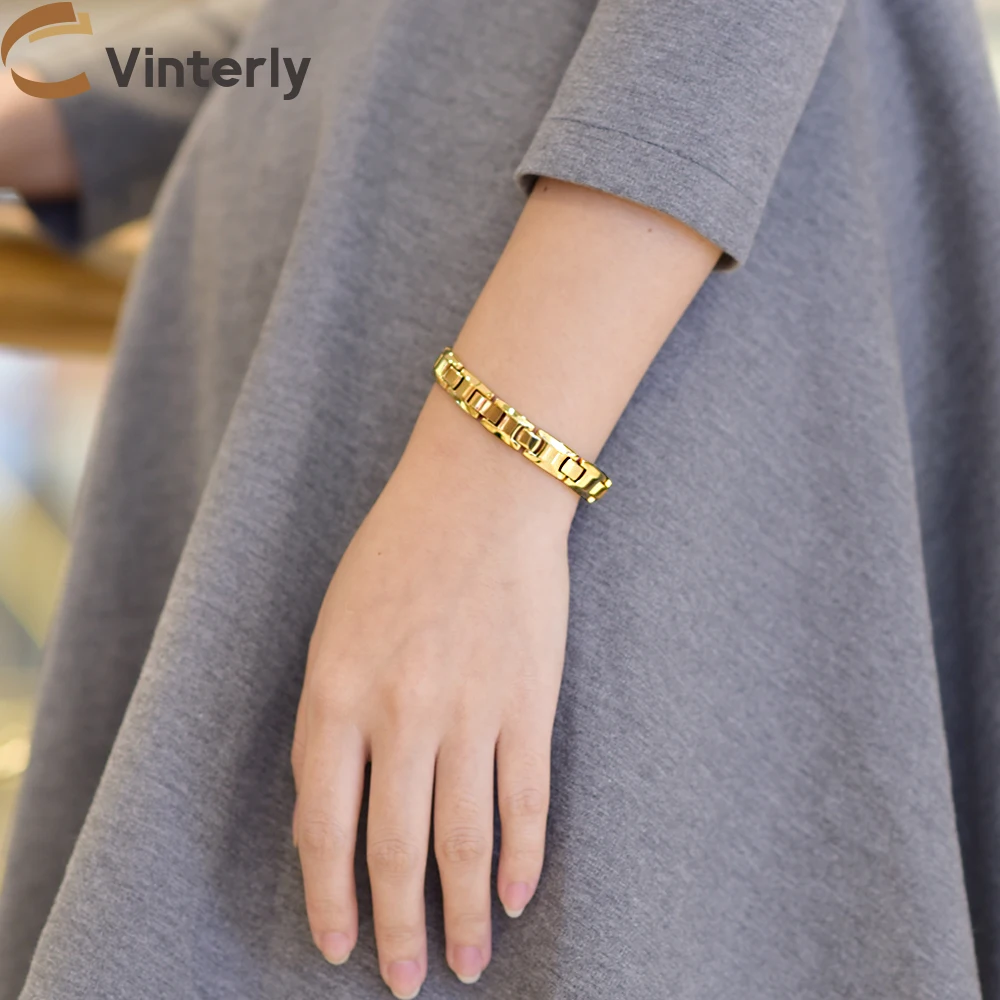 

Золотистая цепочка Vinterly, терапевтический магнитный браслет для женщин, энергетическое здоровье, снятие артрита, ширина 10 мм, ювелирные изделия из нержавеющей стали