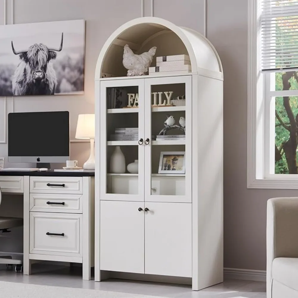 Modern Farmhouse  Wooden Display Cabinet with Large Hidden Drawer and Glass Doors, Versatile Bookshelf for Living Room, Bedroom 4