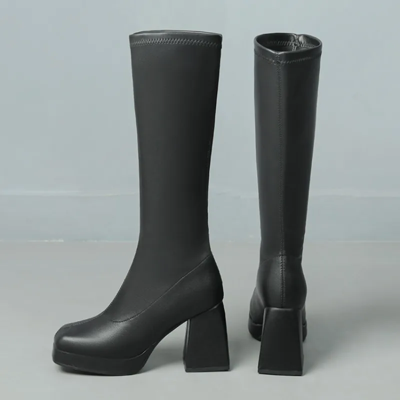

New European American 9cm High Heel Solid Color Knee High Boots Autumn Winter Minimalist Commuting Black White Long Boots Size43