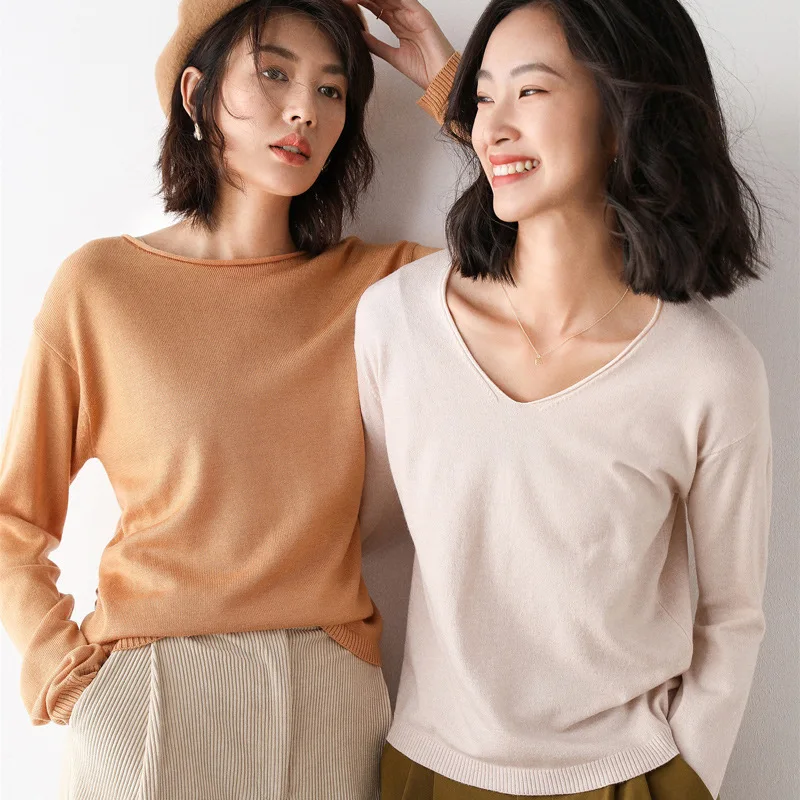 

Wool Blend 2023 Autumn And Winter New Women's Round V-Neck Loose Short Pullover Top Bottom Sweater Sweater