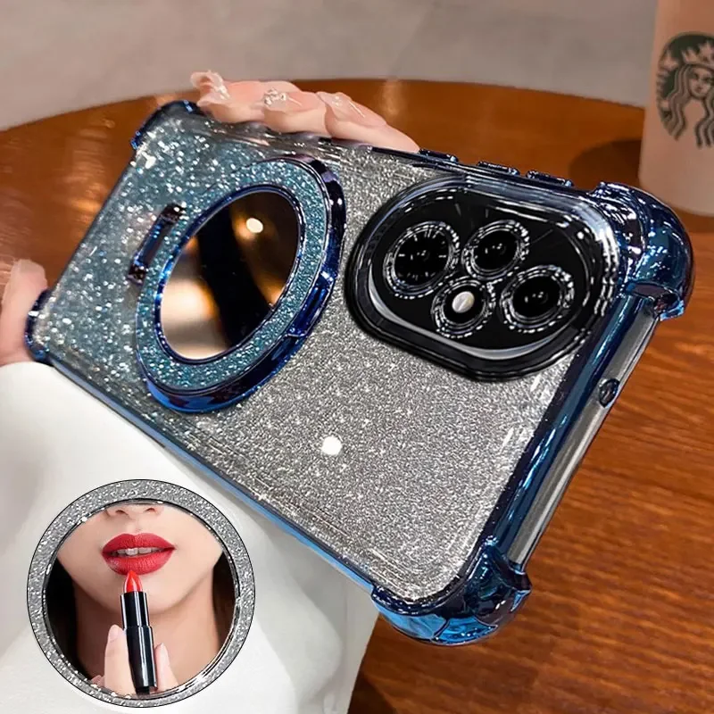 Elegant Bling Glitter Silicone Phone Case with Mirror Holder and Stand Feature