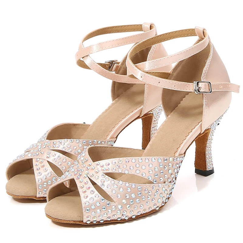New Latin Dance Shoes Women's Salsa Tango Ballroom Party Women's Shoes Rhinestones Skin Tone Girls Summer High Heeled Sandals