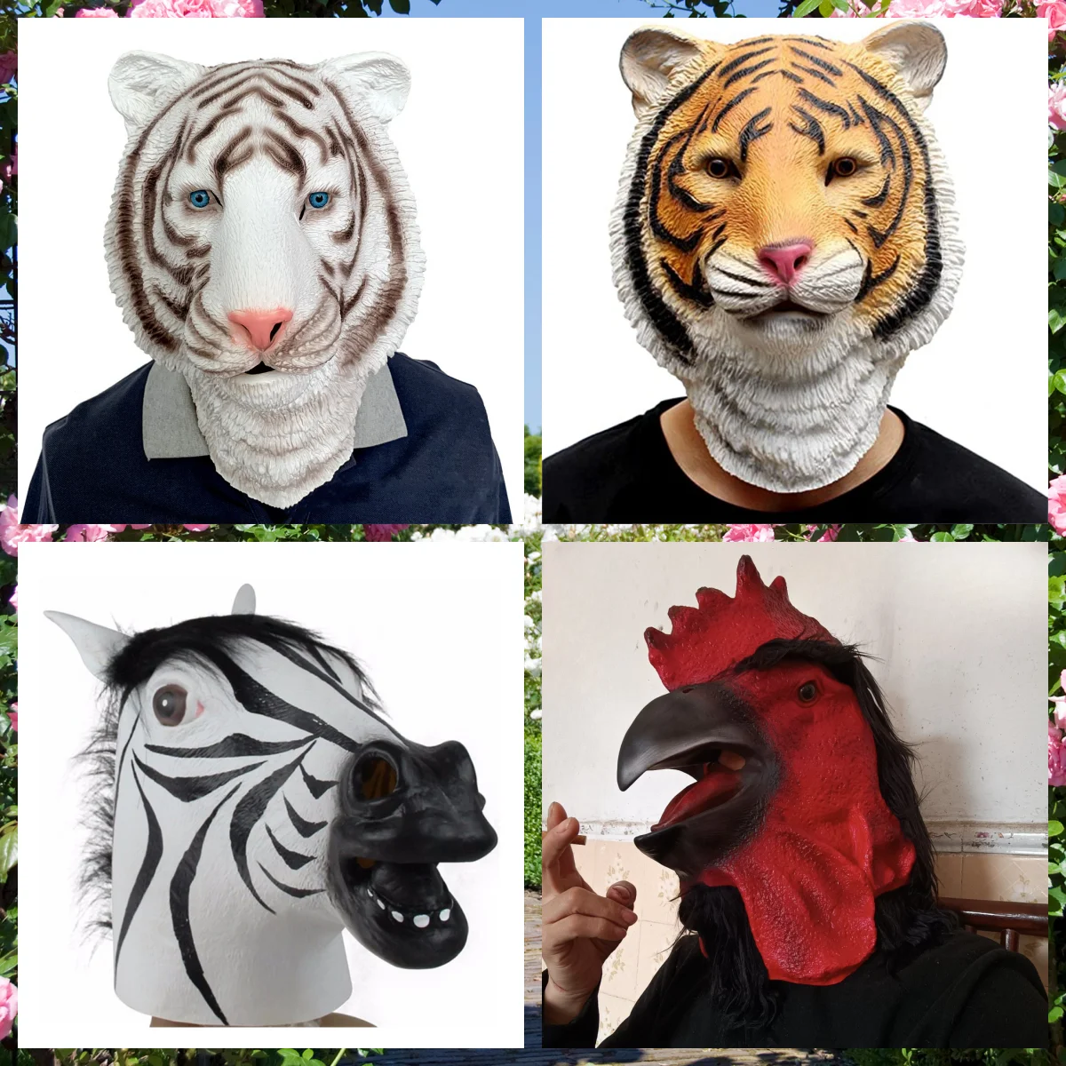 Cosplay Horse Tiger Zebra Red Rooster Full Head Mask Funny Rael Wild Animal Latex Full Face Masks Halloween Party Costume Puntelli