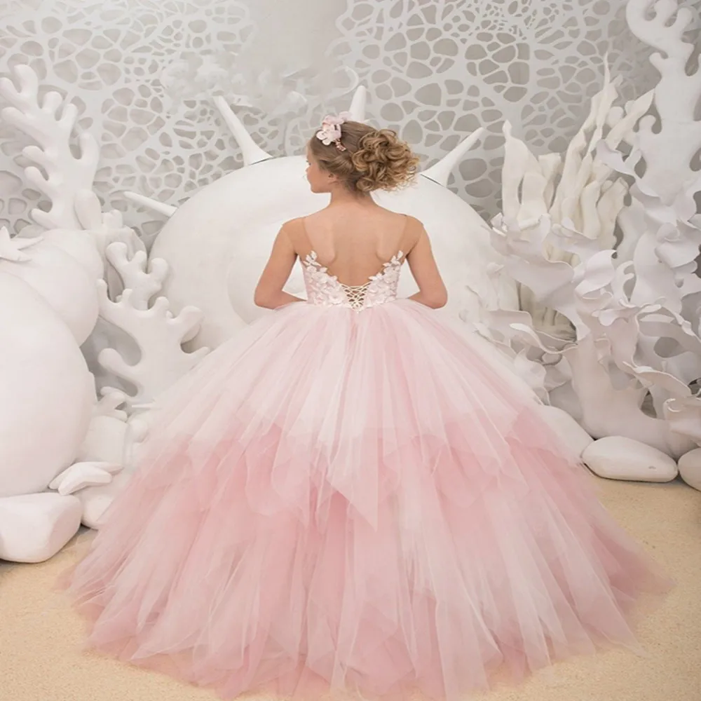 

Flower Girls Dresses for Wedding 2022 A Line Jewel Sweep Train First Communion Gown for Little Girl Princess Formal