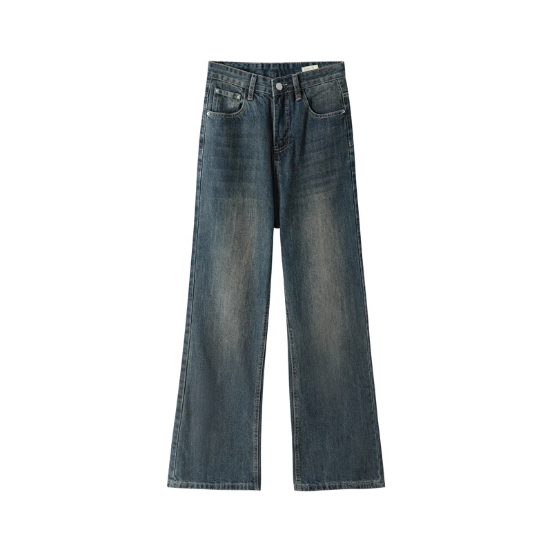 Retro Blue Slightly Flared Jeans Women High Waist Casual Wide Leg Pants Y2k Korean Femme Slimming Small Denim Trousers Summer