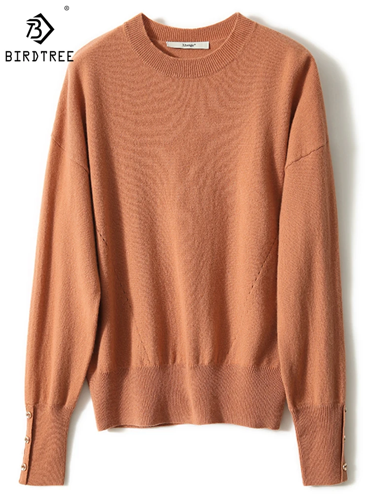 

Birdtree 100%Cashmere Pullover Women's Solid Round Neck Gentle Retro Slim Versatile Comfortable Commute Sweater Autumn T3D534QD
